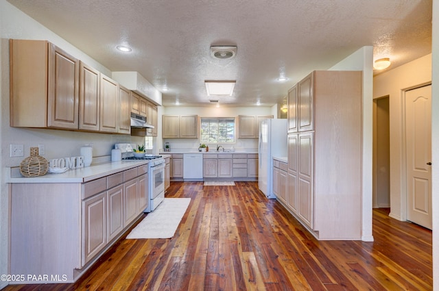 2785 W Bard Ranch Rd, Prescott, AZ 86305 - kitchen with white appliances, under cabinet range hood, a textured ceiling, dark wood-type flooring, and light countertops