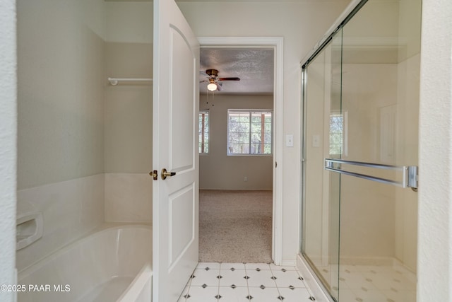 2785 W Bard Ranch Rd, Prescott, AZ 86305 - full bathroom featuring a garden tub, a stall shower, a ceiling fan, and a textured ceiling