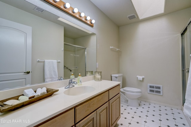 2785 W Bard Ranch Rd, Prescott, AZ 86305 - bathroom with heating unit, a shower stall, vanity, and tile patterned floors