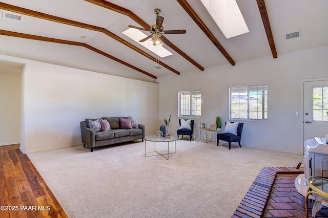 2785 W Bard Ranch Rd, Prescott, AZ 86305 - living room featuring a skylight, ceiling fan, and wood finished floors