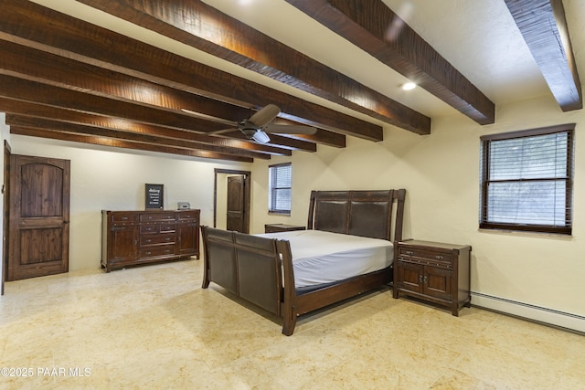 bedroom with ceiling fan, multiple windows, a baseboard heating unit, and beamed ceiling