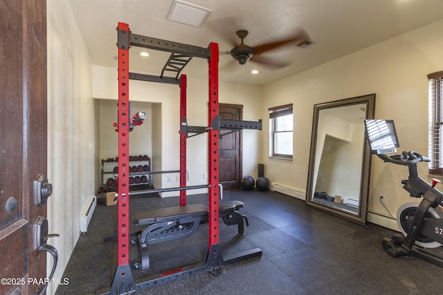 exercise room featuring baseboard heating, a baseboard radiator, a ceiling fan, and visible vents