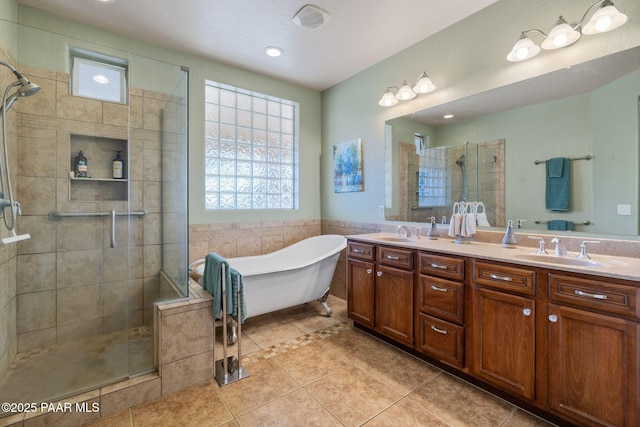 1109 N Half Hitch Rd, Prescott Valley, AZ 86314 - full bath featuring tile patterned floors, a shower stall, double vanity, a soaking tub, and recessed lighting