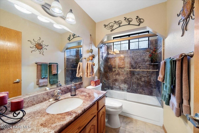 full bathroom with shower / bath combination with glass door, vanity, toilet, and tile patterned flooring