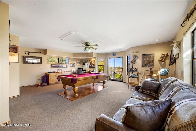 recreation room with ceiling fan, carpet floors, and pool table