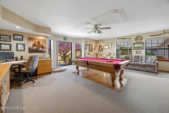 game room featuring carpet flooring, ceiling fan, and pool table