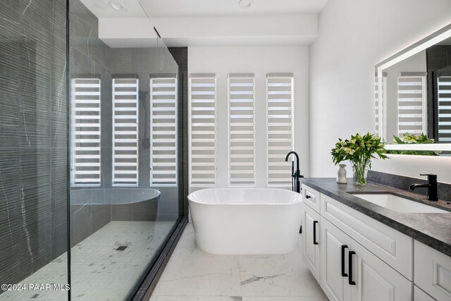 bathroom with vanity, a healthy amount of sunlight, and shower with separate bathtub