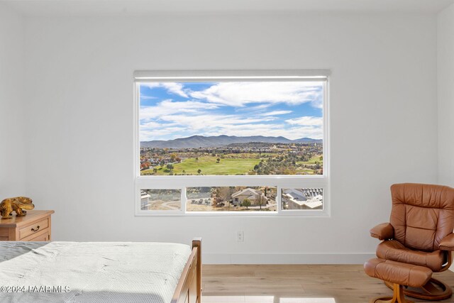 bedroom featuring a mountain view, light wood-type flooring, and multiple windows