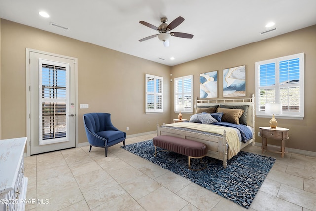 3280 Stone Cliff Ct, Prescott, AZ 86301 - bedroom with access to outside, multiple windows, baseboards, ceiling fan, and recessed lighting