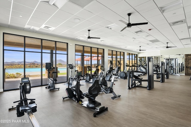 3280 Stone Cliff Ct, Prescott, AZ 86301 - workout area featuring ceiling fan, a mountain view, and a drop ceiling