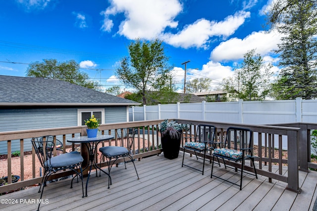 306 S Mt Vernon Ave, Prescott, AZ 86303 - wooden terrace featuring outdoor dining area and a fenced backyard