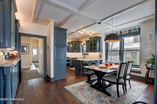 306 S Mt Vernon Ave, Prescott, AZ 86303 - dining space with coffered ceiling, dark wood-type flooring, baseboards, and beamed ceiling
