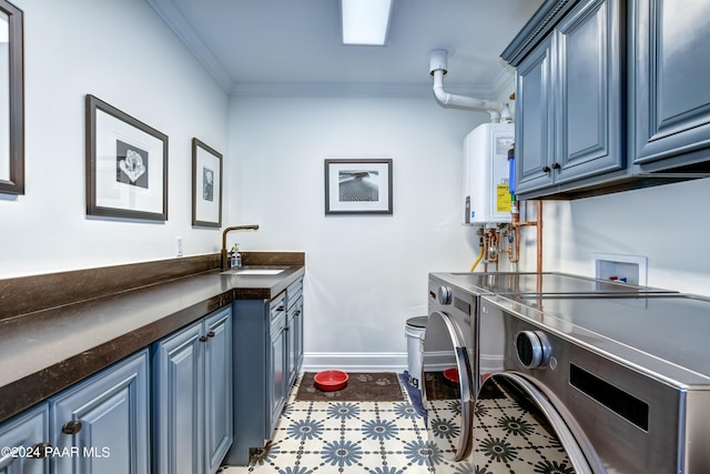 306 S Mt Vernon Ave, Prescott, AZ 86303 - clothes washing area featuring a sink, cabinet space, water heater, washer and clothes dryer, and ornamental molding