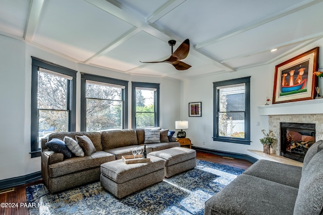 306 S Mt Vernon Ave, Prescott, AZ 86303 - living area with coffered ceiling, wood finished floors, baseboards, and a fireplace