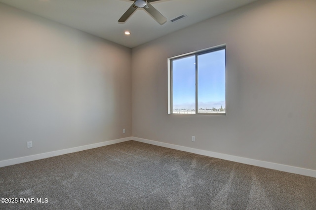carpeted empty room with visible vents, recessed lighting, a ceiling fan, and baseboards