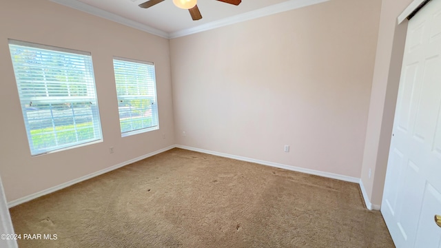 carpeted empty room featuring ceiling fan and ornamental molding