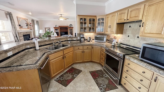 kitchen with sink, ceiling fan, ornamental molding, a fireplace, and appliances with stainless steel finishes