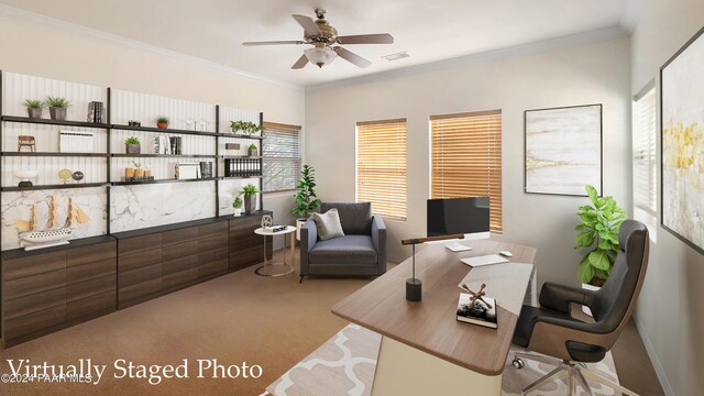 carpeted home office with ceiling fan and ornamental molding