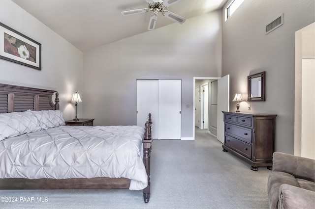 1665 Quail Run, Prescott, AZ 86303 - bedroom featuring carpet, ceiling fan, and high vaulted ceiling