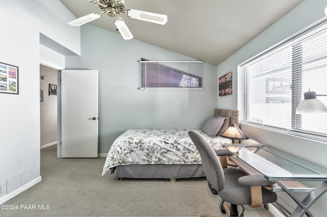 1665 Quail Run, Prescott, AZ 86303 - bedroom featuring light colored carpet, vaulted ceiling, and ceiling fan