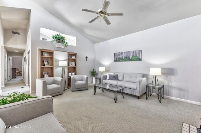 1665 Quail Run, Prescott, AZ 86303 - carpeted living room featuring high vaulted ceiling and ceiling fan