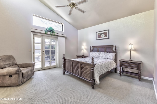 1665 Quail Run, Prescott, AZ 86303 - carpeted bedroom featuring access to exterior, ceiling fan, french doors, and high vaulted ceiling