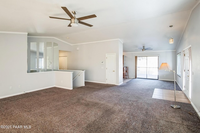 739 Yavapai Hills Dr, Prescott, AZ 86301 - unfurnished living room with ceiling fan, vaulted ceiling, dark carpet, and crown molding