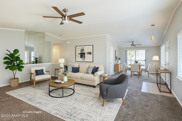 739 Yavapai Hills Dr, Prescott, AZ 86301 - carpeted living room featuring ceiling fan and crown molding