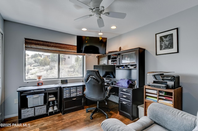 home office featuring wood finished floors, recessed lighting, and a ceiling fan