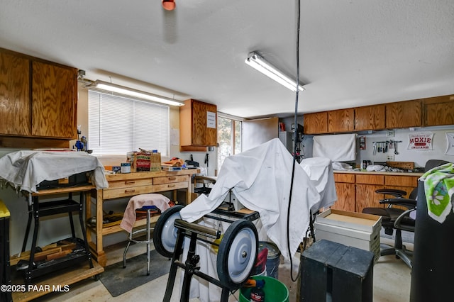 garage with a workshop area