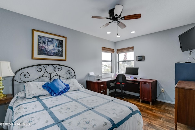 bedroom with baseboards, dark wood-style flooring, ceiling fan, and recessed lighting
