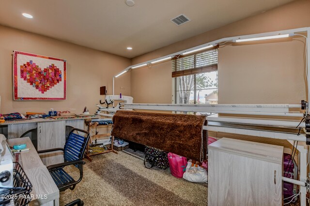 home office with carpet floors and recessed lighting