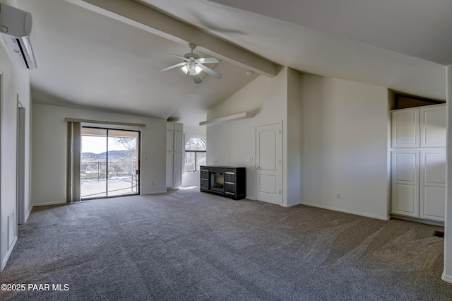 unfurnished living room featuring ceiling fan, high vaulted ceiling, carpet floors, beamed ceiling, and a wall mounted air conditioner