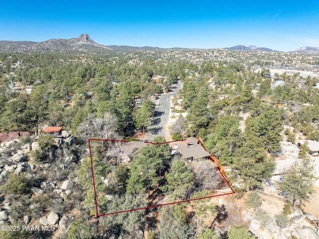 aerial view with a mountain view and a wooded view