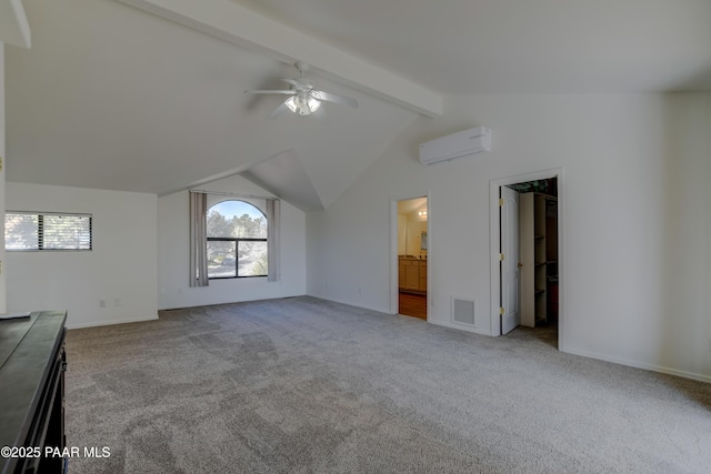 bonus room featuring lofted ceiling with beams, a wall mounted AC, carpet, and visible vents