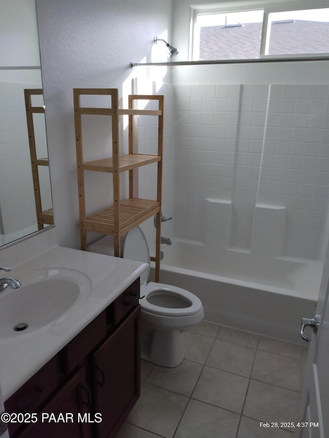 full bathroom with tile patterned flooring, shower / bathing tub combination, vanity, and toilet