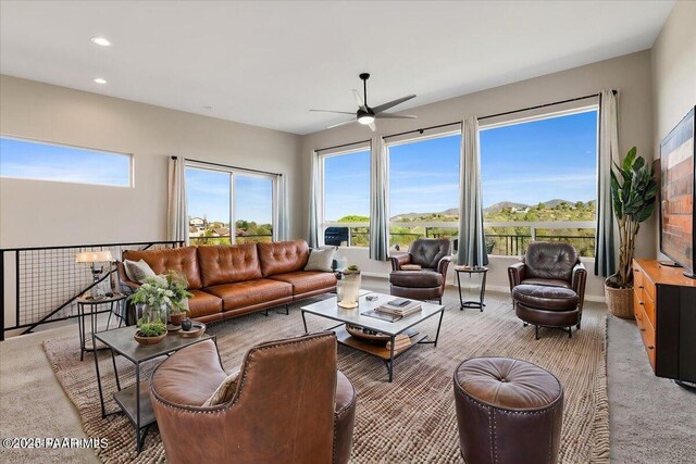 1841 N Jade Cir, Prescott, AZ 86301 - living room featuring a ceiling fan, plenty of natural light, recessed lighting, and light colored carpet