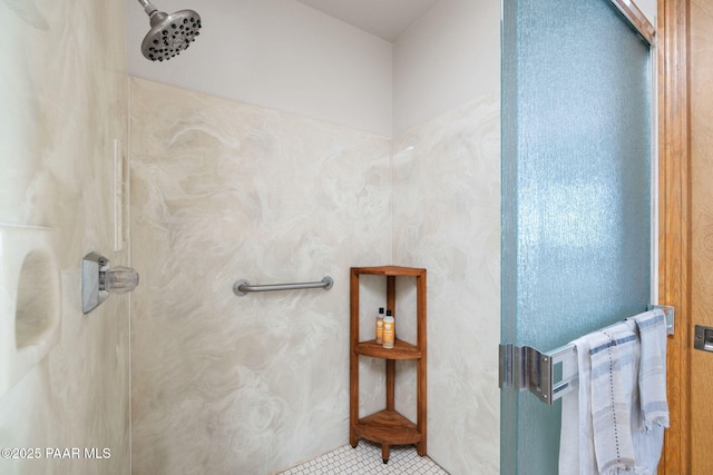 full bathroom with walk in shower and tile patterned floors