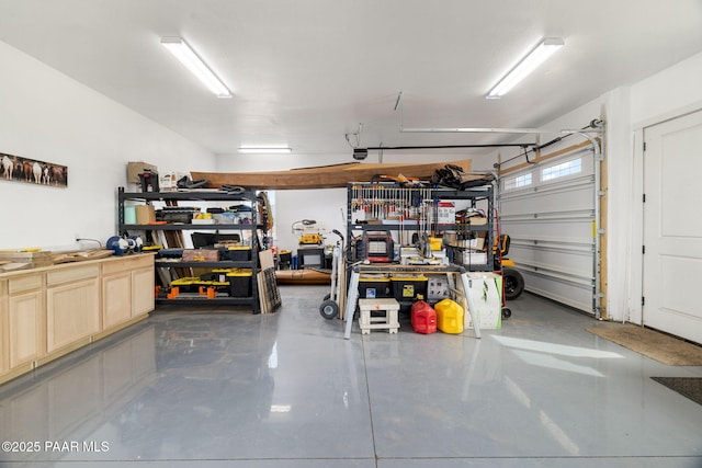 garage with a garage door opener and a workshop area