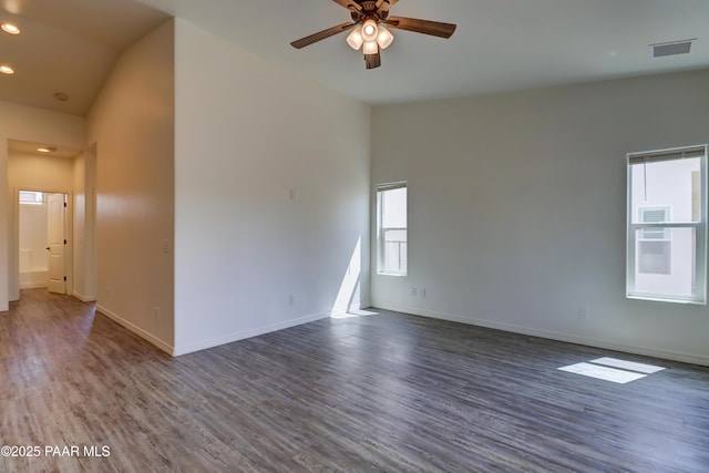 8346 Florentine Rd, Prescott Valley, AZ 86314 - unfurnished room with wood finished floors, ceiling fan, recessed lighting, and high vaulted ceiling