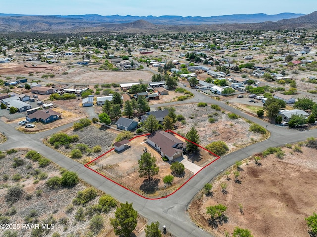 20100 E Mesa Verde Rd, Mayer, AZ 86333 - aerial perspective of suburban area featuring property boundaries highlighted and a mountain backdrop