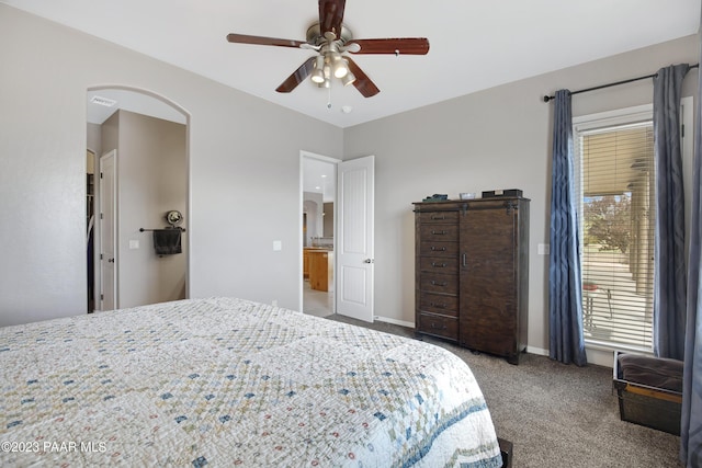 carpeted bedroom with ceiling fan