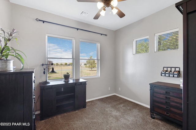 misc room with ceiling fan, a healthy amount of sunlight, and dark carpet