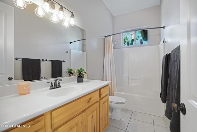 full bathroom with tile patterned floors, shower / tub combo with curtain, vanity, and toilet