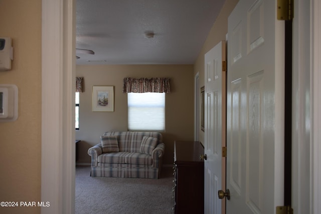 carpeted living room with ceiling fan