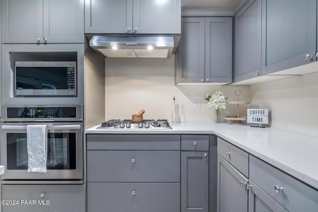 kitchen with gray cabinets, ventilation hood, and appliances with stainless steel finishes