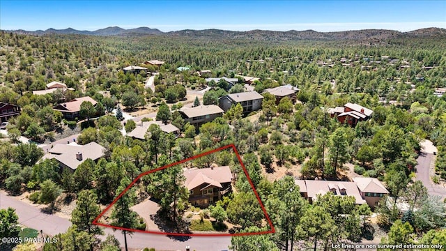 2140 Lone Oak Way, Prescott, AZ 86305 - aerial view of property and surrounding area featuring property boundaries highlighted and a mountainous background