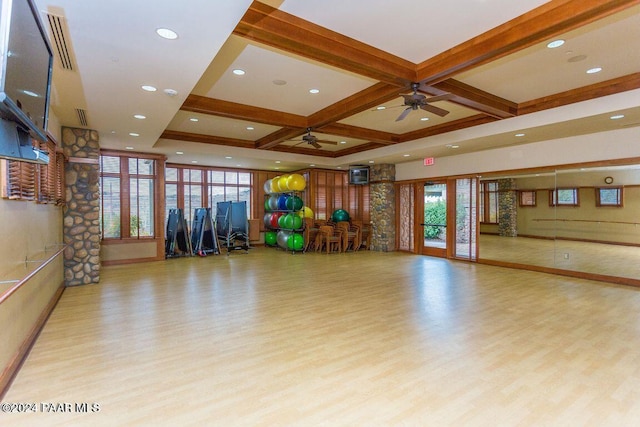 1116 S Lakeview Dr, Prescott, AZ 86301 - workout area with light wood-style flooring, ceiling fan, coffered ceiling, and recessed lighting