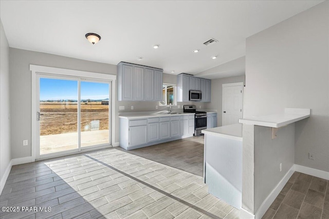 kitchen with gray cabinets, stainless steel appliances, kitchen peninsula, a breakfast bar, and sink