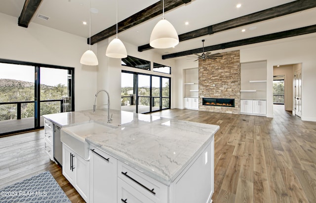 unfurnished dining area with hardwood / wood-style floors, a raised ceiling, and a chandelier